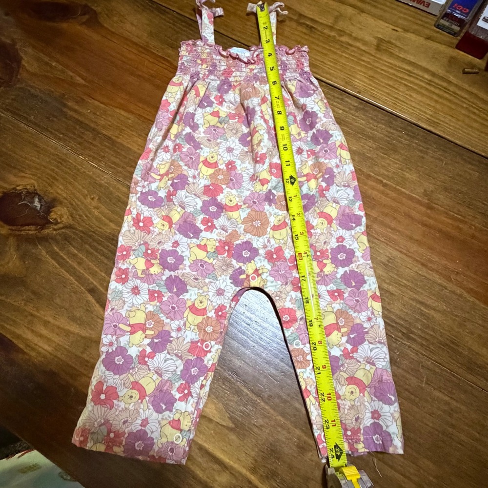 Disney Baby Winnie the Pooh Floral Smocked Romper 12M Tie Strap Bubble Jumpsuit - Picture 7 of 7